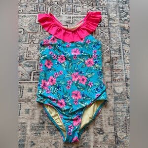 Lands' End Girls' Turquoise Floral One-Piece with Pink Ruffle Size L